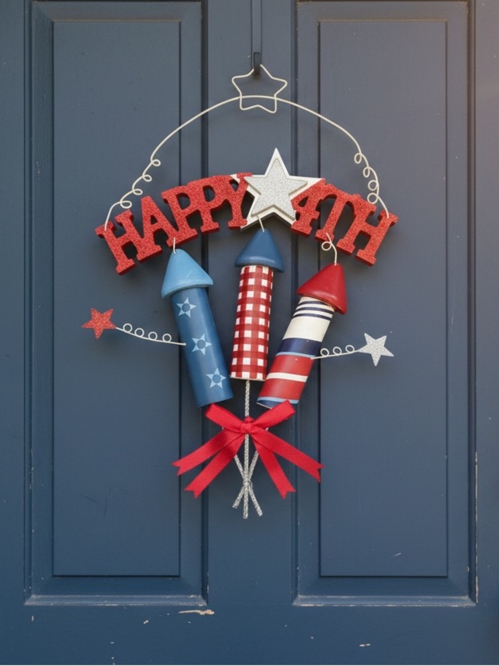 Patriotic "Happy 4th" Rocket Fireworks Wood Door Wall Hanging Red, White & Blue